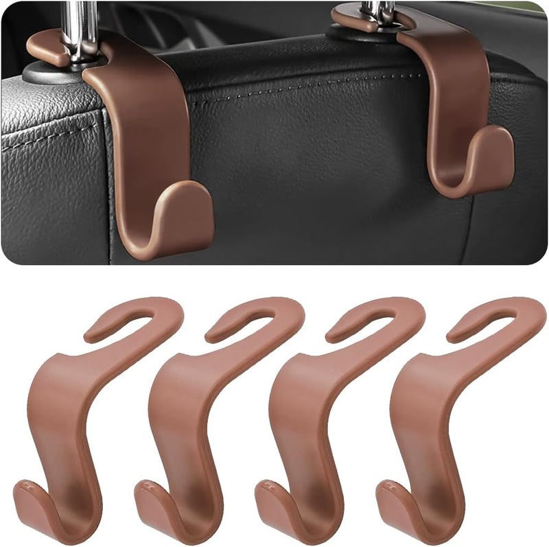 Hanemia 4PCS Car Back Seat Headrest Hooks, Rear Car Seat Storage Headrest Hanger Holder Hooks Organizer, Universal Auto Interior Accessories for Bag Purse Handbag Cloth Coats Grocery (Brown) - Image 1